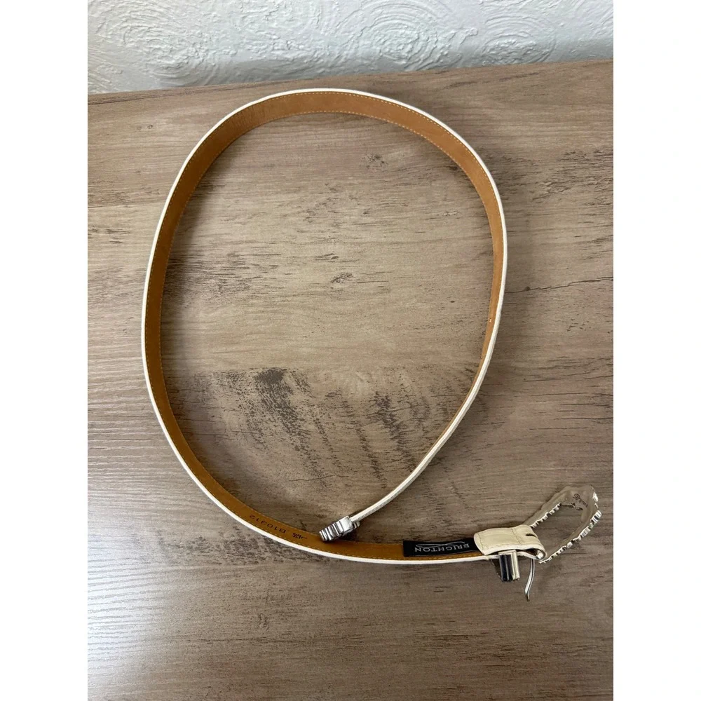 Brighton Cream Croc Embossed Leather Belt Silver Floral Buckle Tip Size 34